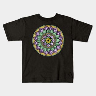 Floral Mandala with Purple Flowers & Green Leaves Kids T-Shirt